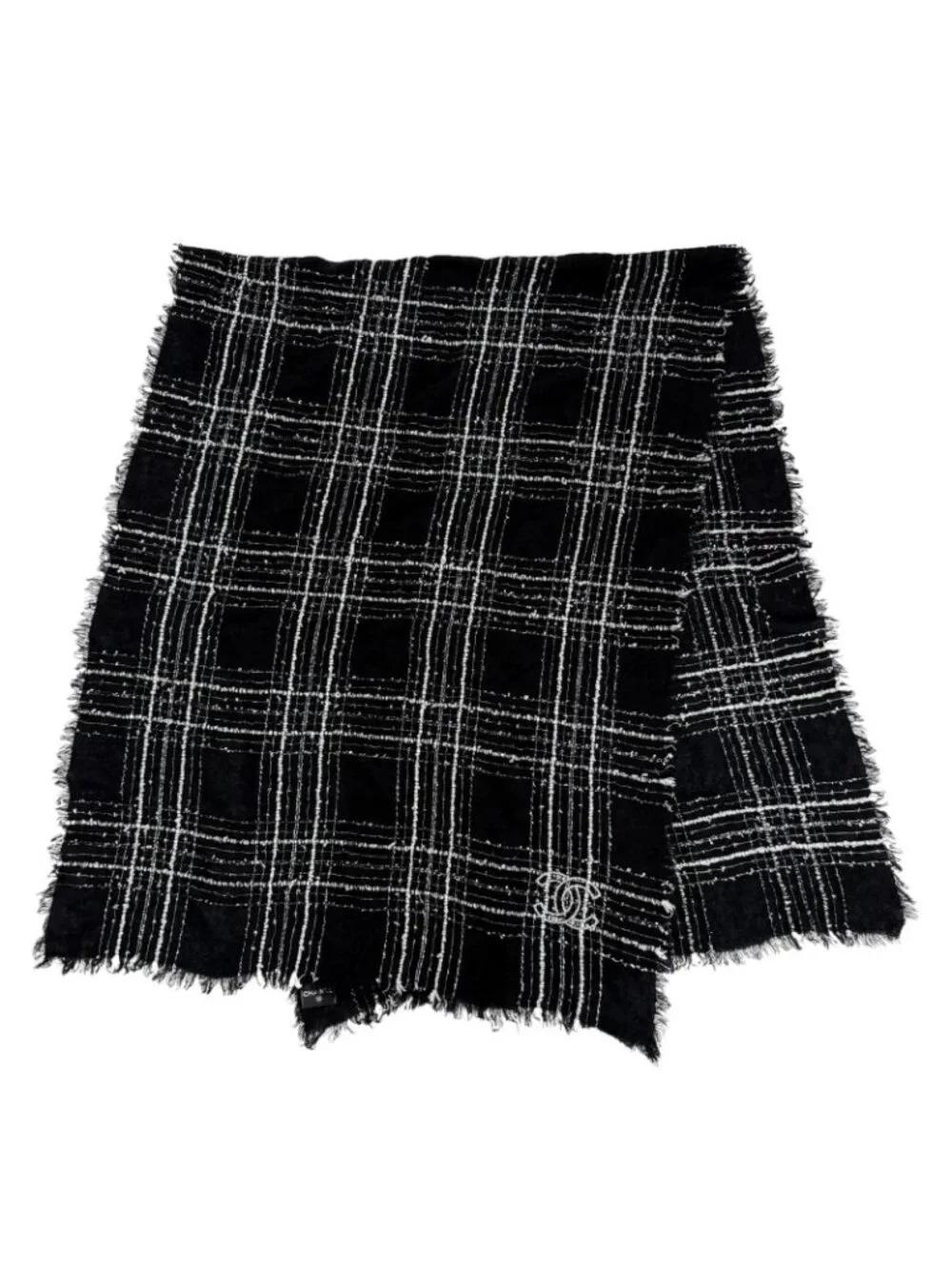 Chanel Cashmere Silk Blend CC Logo Ribbon Plaid Fringe Large Shawl Black Scarf